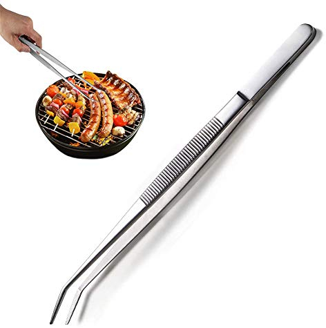 FANSH 30cm Long 304 Stainless Steel Barbecue Elbow Tweezers, Professional Kitchen Tweezers Long Handle Food Tweezers, Multi-Function Barbecue Pliers