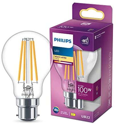 Philips LED Classic B22 Lampe, 100 W, Tropfenform, A60, klar, warmweiß