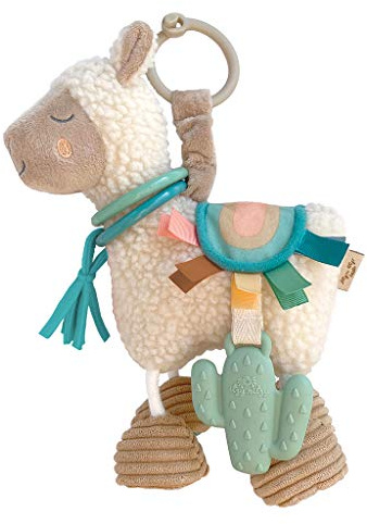 Itzy Ritzy Link & Love Toy for Stroller or Car Seat – Features Textured Ribbons, Crinkle Sounds, Clinking Rings & Silicone Teether – Designed For Ages 0 Months and Up (Llama)
