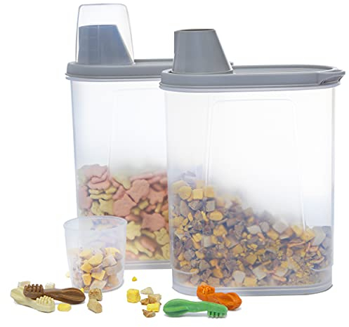 Kerhouze 2er Set Hundefutter Aufbewahrung Luftdichter Tierfutterbehälter mit Messbecher Ausgießer Futterspender für Katzefutter Vogelfutter 2.3L Grau