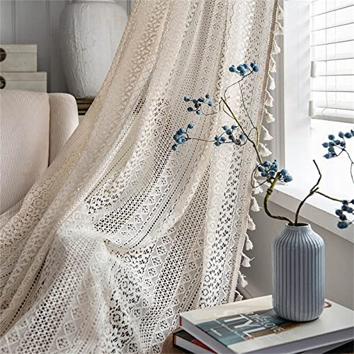 RAILONCH 1 Stück Boho Baumwolle Leinen Beige Vorhänge Vintage Landhausstil Häkeln Stricken Gardinen mit Quaste für Wohnzimmer & Schlafzimmer Dekor (B150 x H160cm)