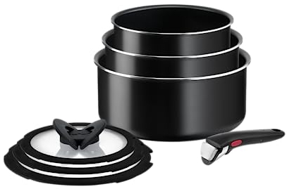 Tefal Ingenio Easy ON 7 Piece Non-Stick Saucepan Set, 16&18&20 cm Saucepans, 16&18&20 cm Glass Lids, Bakelite Removable Handle, Easy Cleaning, Heat Indicator, Black, L1599602