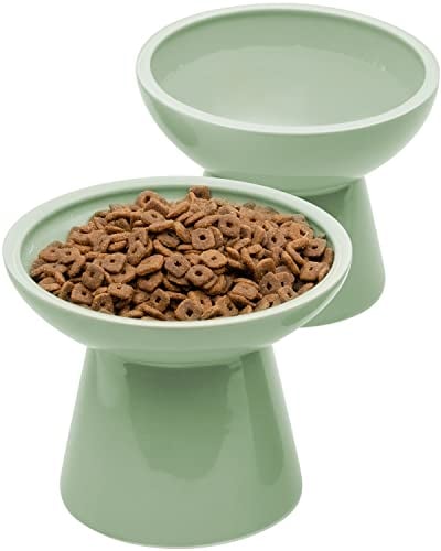 CEEFU 2 extra breite erhöhte Katzenfutterschüssel, Keramik-Katzennäpfe für Futter und Wasser, breiter, flacher Katzenfutterschale, Schnurrhaar, Müdigkeit, blei- und cadmiumfrei, tolle Höhe für Katze,