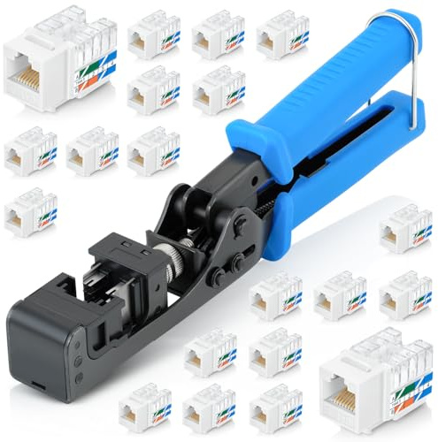Everest Media Solutions easyJack (B087N7QQD2) 90° abgewinkeltes Drehzahlabschlusswerkzeug, mit 20 Stück 90° abgewinkelten CAT6/5e-Keystone-Buchsen in weißer Farbe