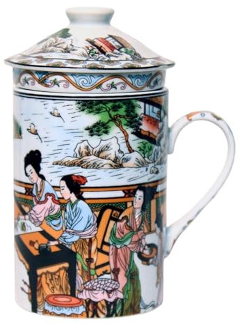 Keramik Teetasse mit Deckel + Sieb für Losen Tee mit Asiatischem Motiv (Mädchen, 047) Japanische Chinesische Tasse Für Teeliebhaber, Porzellan Kaffee Geschenk Set Asien Asia Becher Haferl