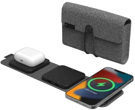 ZAGG mophie Snap+ 3-in-1 Wireless Charger with Europe Adapter, Qi-Enabled Devices, Fast Charging, Travel Friendly, Foldable, 5-15W of Power, Black