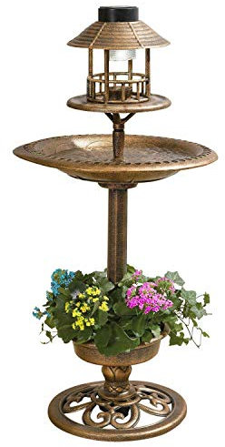 BIRD HOTEL FEEDER & BATH WITH SOLAR LIGHT GARDEN ORNAMENTAL BIRDS TABLE STATION (Bronze)