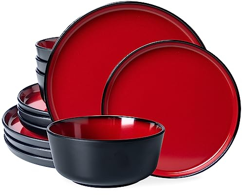 LEHAHA Service de table moderne 12 pièces en mélamine avec assiettes et bols, 2 tons rouge et noir, aspect céramique pour 4. Lourd que la mélamine normale, mais léger et plus élégant que la céramique