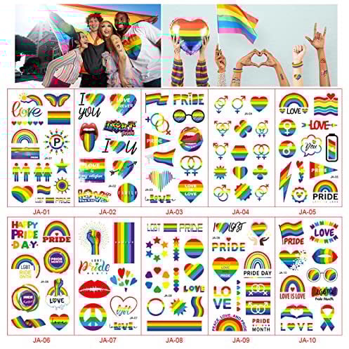 10 Sheets Pride Temporary Tattoos Rainbow Tattoo Stickers, Gay Pride Tattoo Stickers LGBT Pride Rainbow Tattoo Stickers Waterproof Gay Pride Accessories for LGBT Pride Parades Party Supplies