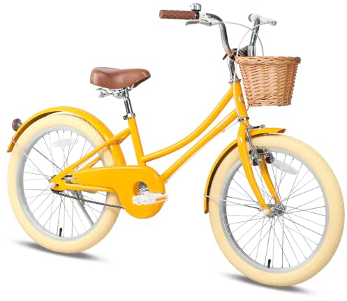 Glerc 20 Zoll Kinder Mädchen Fahrrad für 6 7 8 9 10 Jahre alt kleine Mädchen Retro Vintage-Stil Fahrräder mit Korb Training Räder und Glocke, Gelb