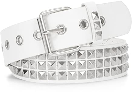 WERFORU Leder Nietengürtel Punk Rock Metall Nietengürtel für Damen Herren Punk Gothic Ledergürtel für Jeans Hosen Weiß