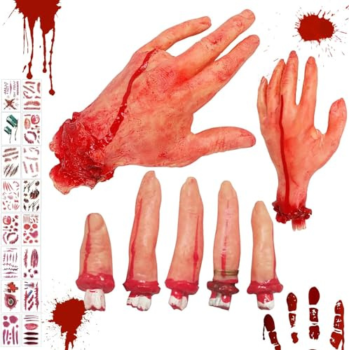 Lot de 7 accessoires de sang pour Halloween, faux pouce simulé, doigts séparés, mains d'Halloween, accessoires de fête à la maison hantée avec 20 tatouages, parties du corps cassées, décoration