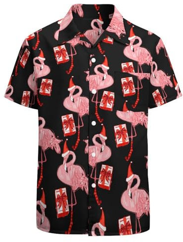 LARSD Chemise boutonnée des années 80 pour homme - Style rétro hawaïen - Pour la plage - Néon - Disco - Chemise de fête amusante, Flamant rose de Noël, Taille L