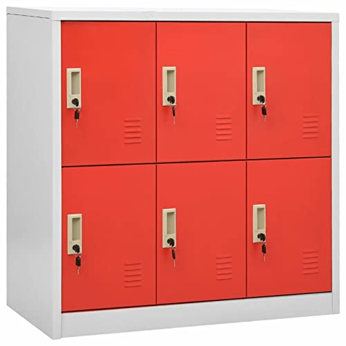DJEKA Spind Mit 6 Fächern Schließfachschrank Stahlschrank Abschließbar Hellgrau und Rot Schließfächer Wertsachen 90x45x92,5 cm Stahl