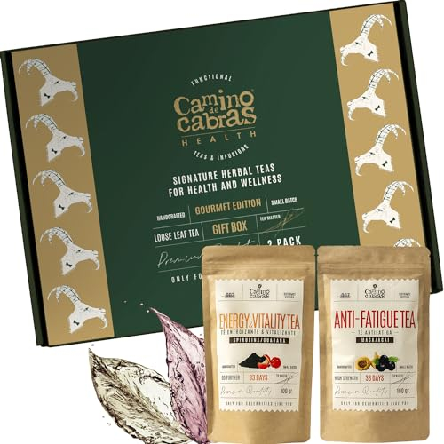 Caja Regalo Te e Infusiones Gourmet | Energía y Anti Fatiga | Contra Cansancio Mujer & Hombre | Té Verde, Negro, Maca, Matcha, Espirulina, Guaraná, Baya de Goji, Chile, Açai, Vainilla, Pack 2 x 100g