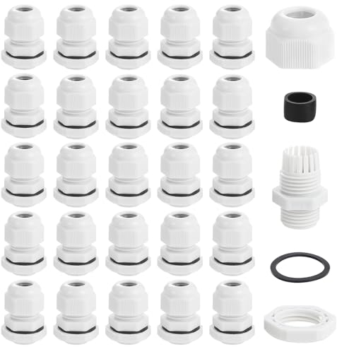 eROOSY 25 Pcs Cable Glands Waterproof PG9 Adjustable Cable Glands, Nylon Cable Glands for Cables with a Diameter of 4-8mm, Waterproof Nylon Cable Glands, White