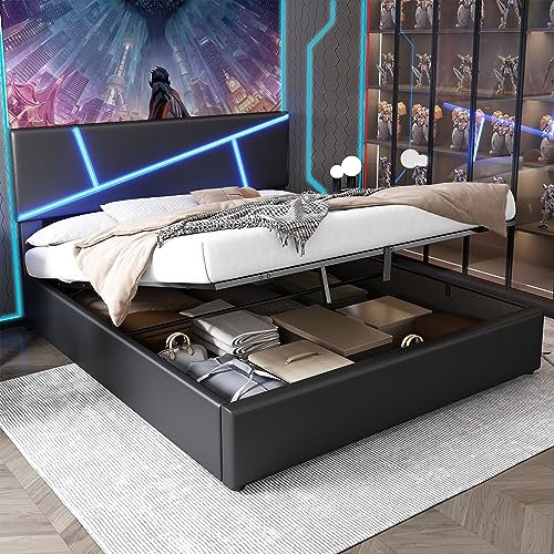 Doppelbett 180x200,Hydraulisch Stauraumbett Funktionsbett mit Großer Stauraum und Lattenrost,Polsterbett mit LED-Beleuchtung Kopfteil,Rückenlehne Bettgestell,Synthetisches Leder,Schwarz,Ohne Matratze