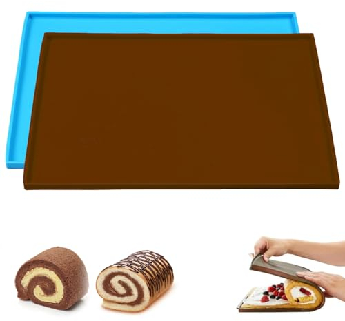 2 Stücke Silikon Backmatte mit Rand 31x27x1cm Antihaftbeschichtet Silikon Backblech Silikon Rollmatte Backunterlage mit Rand Lebensmittelecht Hitzebeständiges Ofenbackblech Rutschfest Blau Braun