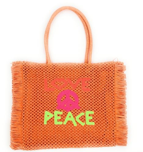 stylx Damen LOVE PEACE Papierstroh Beuteltasche mit langen Henkeln, Strandtasche, Schultertasche, Flechttasche (orange)