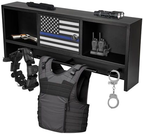 Neoaider Wall Mounted Police Gear Rack 36” x 6” x 15”, Aarmor Hanger with 3 Hooks, Wall Rack with Gun Storage, Black Tactical Duty Gear Hanger for Police Gift