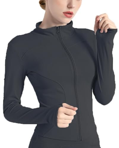 BSLVWG Womens Gym Tops Long Sleeve Sports T-Shirt Ladies Fitness Yoga Tops Running Tee Shirts Full Zip Running Jacket Breathable Activewear with Thumb Holes (UK, Alpha, L, Regular, Regular, Black)