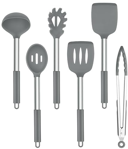 Onader Grey Kitchen Utensils Set, 6 Pieces Silicone Cooking Utensils with Stainless Steel Handle, Kitchen Cooking Tools for Non-Stick Cookware, Heat Proof & Dishwasher Safe