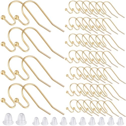 SOFPLATE 1 Box 300Pcs Fish Hook Earring Wires Gold Earring Hooks Bulk Brass French Wire Earring Findings with Plastic Ear Nuts Ball Earring Hooks for jewellery Making Supplies DIY Craft Women Beginner