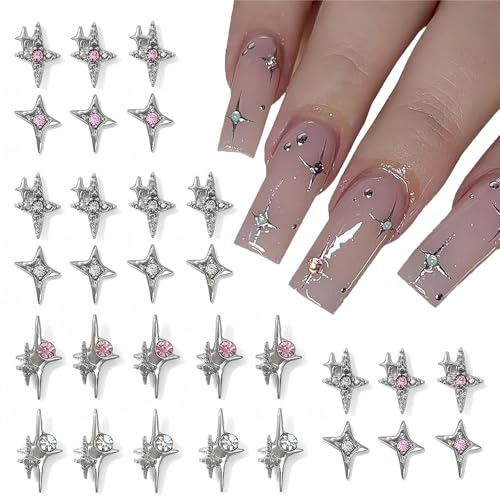 Moguri 30 Stücke Nagel Charms Set Silber 3D Sterne für Akrylnägel DIY Nagelkunst Nagel Charms Charms Nägel Nagel Charms Nail Art Charms Glitzersteine Nägel