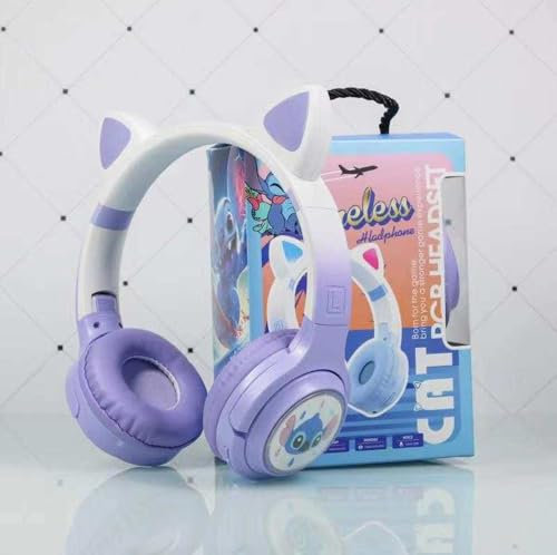 S&M Fashion Bluetooth Headphones with LED Light-Up Cat Ears – Wireless, Foldable, Soft Ear Pads – Fun 3D Design for Girls & Boys – Ideal Xmas & Birthday Gift (PURPLE)