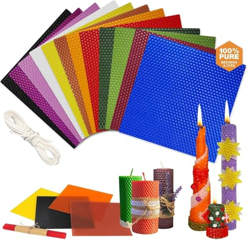 Hengrongshen Bienenwachskerzen Selber Machen Set, 12 Stück Bienenwachsplatten, Bienenwachsplatten für Kerzen mit Docht, Bienenwachs Platten DIY-Kerzen für Erwachsene und Kinder (E)
