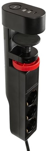 FeinTech MD833 Tischsteckdose klemmbar 3 Fach Steckdose mit 2X USB und 1x USB-C PD (20W), Steckdosenleiste Schreibtisch mit Schalter, 3m Kabel, schwarz