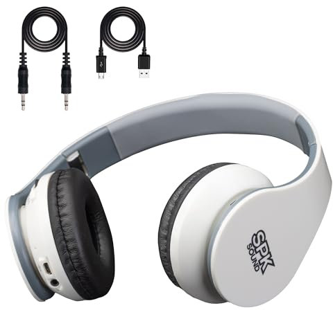 SPK SOUND Auriculares Inalámbricos Bluetooth 5.0 con Radio FM y Función de Manos Libres | Cascos Bluetooth de Diadema con Batería de Larga Duración | Sonido Premium y Diseño Compacto Plegable (BLANCO)
