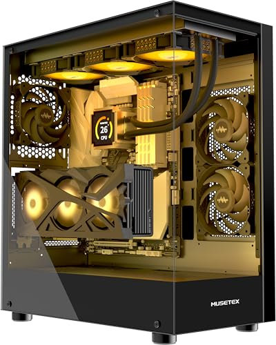 MUSETEX K2 ATX PC CASE, 360MM RAD Support, Full-View Dual Tempered Glass Mid Tower PC Case, Type-C Computer Case with 3 Non-LED Fans Pre-Installed, Gaming PC Case,Black