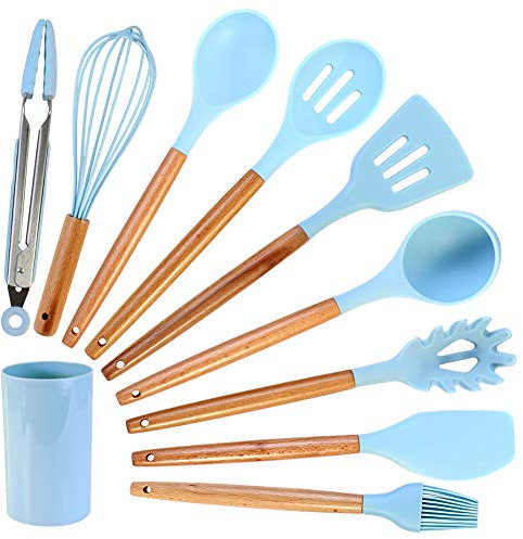 Silicone Cooking Utensils Set, 10Pcs Kitchen Utensil Set with Holder - Non-Stick Cookware, Heat Resistant Kitchen Gadgets - Light Blue Gift Pack