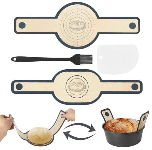 2PCS Silicone Bread Sling for Dutch Oven, Reusable Bread Baking Mat with Long Handle, Non Stick Baking Sling with Oil Brush and Dough Scraper, Sourdough Bread Baking Supplies for Transfer Dough