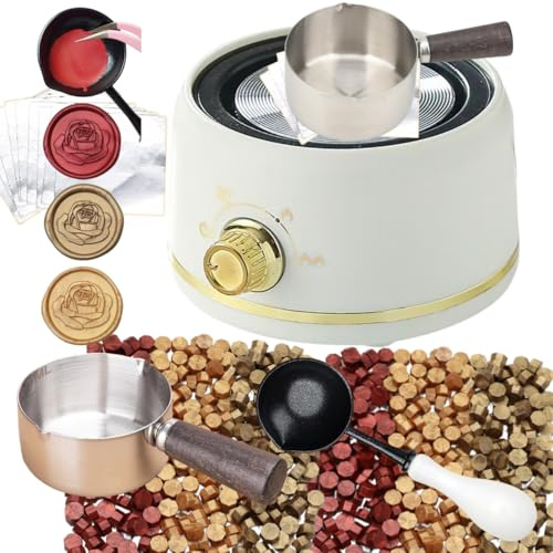 Sealing Wax Warmer Electric, Electrical Wax Seal Warmer Melting Furnace Kit with 300pcs Metal Waxseal Beads, a 80ml Large Spoon, a Non-Slip Melt Scoop(300 Metal White Set)