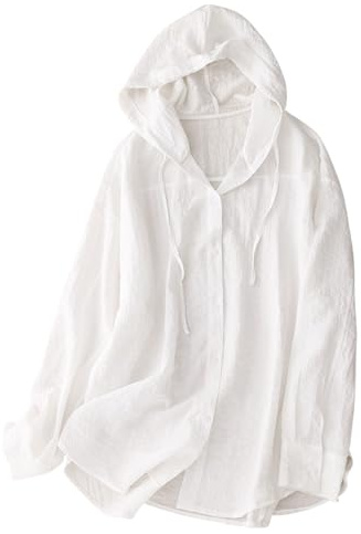 Damen Baumwoll-Leinen-Sonnenschutz-Shirts - Leichte Kapuze Langarm Botton Up Cover Up Cardigan Einfarbig Loose Fit UV Jacke für Strand Reisen Täglich Sommer Tragen