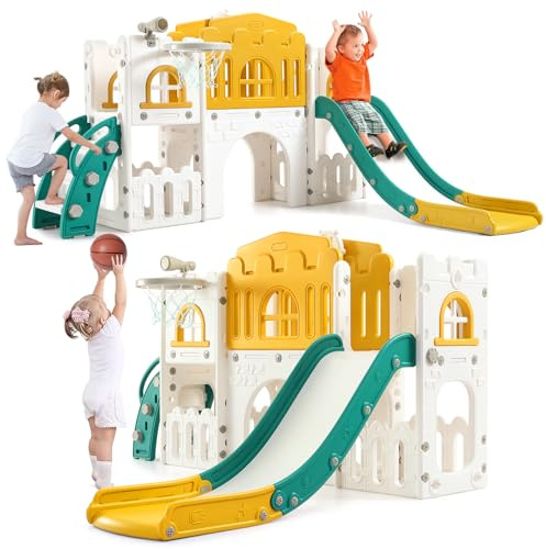 Kinder Rutsche 8 in 1 Mit Klettergerüst, Basketballkorb, Tunnel Und Schaukel, Kleinkindrutsche Set Mit Bohrspiel und Stauraum, Kinder Spielgeräte für 1-3 Jahre, Indoor Outdoor