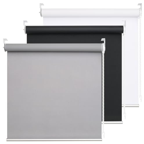 DHSVFCR 100% Blackout Roller Blind, UV Blocking Thermal Insulated Fabric, Child Safe, Easy to Install and Use, Fit Bathroom Kitchen Bedroom Home Office Window, Cord Control, Grey 20W x 185H cm