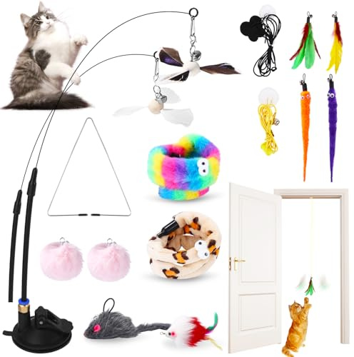 Nixovo Caña de Pescar para Gatos con Ventosas, 14 Piezas Juguete Pluma de Gato Interactivo, Juguetes Interactivos de Interior para Gatos, Juguete de Gatito con Cascabel, para Jugar y Ejercitarse