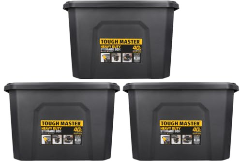 TOUGH MASTER Plastic Storage Box with Lid 40L, Box Size 49x38x32cm, Heavy Duty Tool Box Stackable for Home, Office & Workshop (Pack of 3)