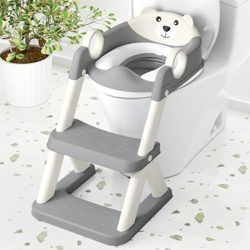 COOSEYA Bear Potty Training Seat,Upgrade 2 in 1 Toddler Toilet Seat,Grey Cream