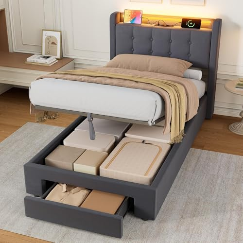 okwish Bett, Bettgestell, Einzelbett, Jugendbett, 90x190 cm, LED-Beleuchtung, Ladestation, Bettkasten, 1 Schublade, Kopfteil mit verstecktem Stauraum, Metall, Holz, Samt, Grau, ohne Matratze