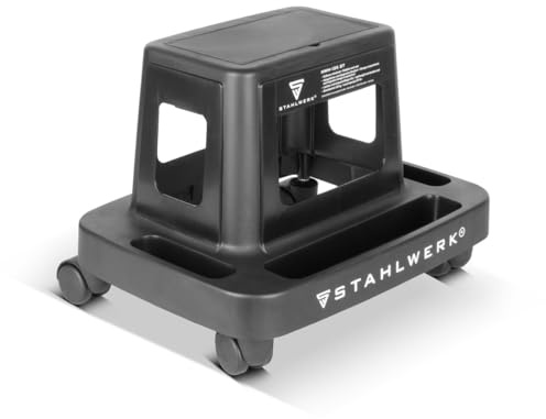 STAHLWERK Mobiler Werkstatthocker MWH-135 ST mit 135 kg Tragkraft, rollbar | Werkstattsitz, Werkstattstuhl, Rollhocker, Arbeitshocker und Werkstattrollsitz mit Lenkrollen, Innenfach und Ablagemulden