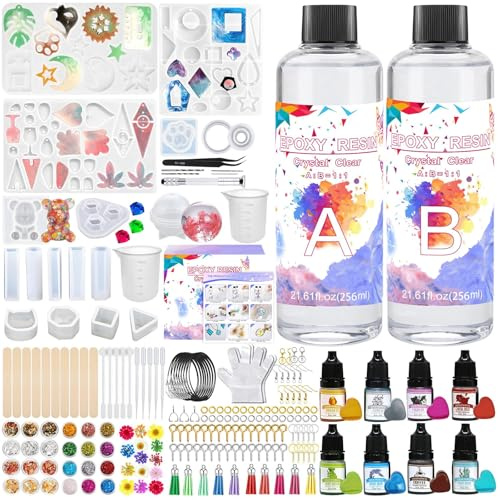 JOTOL Epoxidharz Set Anfänger,Glasklar Resin Harz Gießen Set,500ml Epoxidharz Schlüsselanhänger Set mit Epoxidharz Farben,Messbecher Aus Silikon,Glitzer