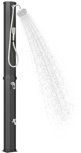 Outsunny Douche Solaire de Jardin XXL 60L avec Douchette à Main et Robinet - Douche Extérieure de Piscine avec Mitigeur Eau Chaude/Froide, Hauteur 208 cm, Pression 3,5 Bar, Noir