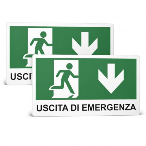 AGRICOM Cartello Uscita di Emergenza con Freccia Giù | Kit da 2 | 17 x 9,5 cm | in Polipropilene | 4 Strisce Biadesive Totali | per Interno/Esterno | Made in Italy