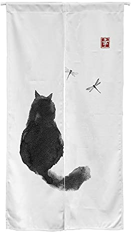 Ofat Home Design japanische Tinte Katze schwarz und weiß Noren Türvorhang Polyester-Mischung 85 x 150 cm Türvorhang für Küche Wandteppich für Wandbehang Dekoration