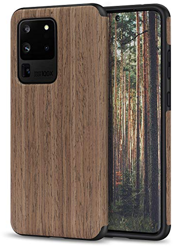 TENDLIN Kompatibel mit Samsung Galaxy S20 Ultra Hülle Holz Schutzhülle und TPU Hybrid Handyhülle (Schwarz Palisander)