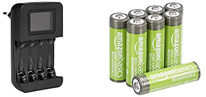 Amazon Basics Chargeur de Piles numérique et Intelligent, pour 4 Piles AA, AAA & Piles Rechargeables AA Haute Capacité, Pré-Chargées - Lot de 8